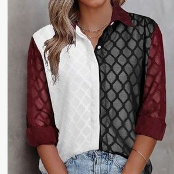 New Honey Comb Textured Button Down Blouse - Picture 1 of 5